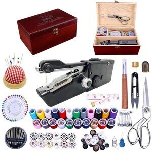Handheld Sewing Machine, with Elegant Wooden Box and 153-Piece Sewing Kit, Mini